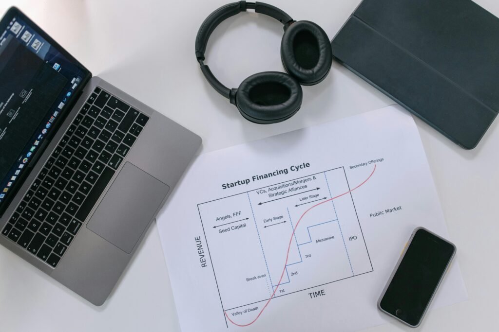 Flat lay of a modern workspace with tech gadgets and a startup financing cycle chart.